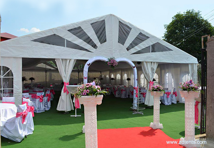 Customized 12x15m wedding party tent with decorated curtains